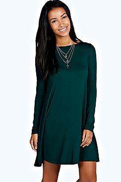 Boohoo April Scoop Neck Long Sleeve Swing Dress