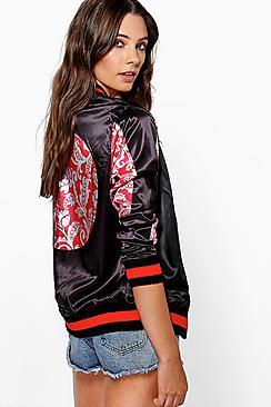 Boohoo Tia Printed Sleeve & Back Satin Bomber