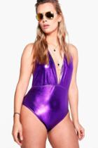 Boohoo Plus Brooke Metallic Plunge Bathing Suit Purple