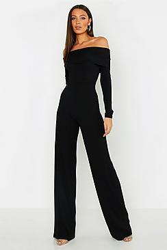 Boohoo Tall Jumbo Bardot Wide Leg Jumpsuit