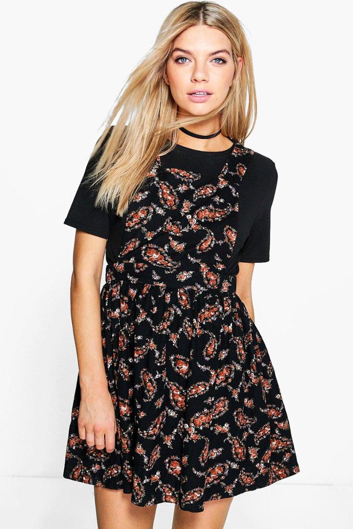 Boohoo Sophia Floral Printed Cord Pinafore Dress Black