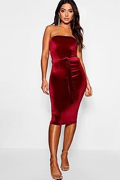 Boohoo Velvet Bandeau Belted Midi Dress