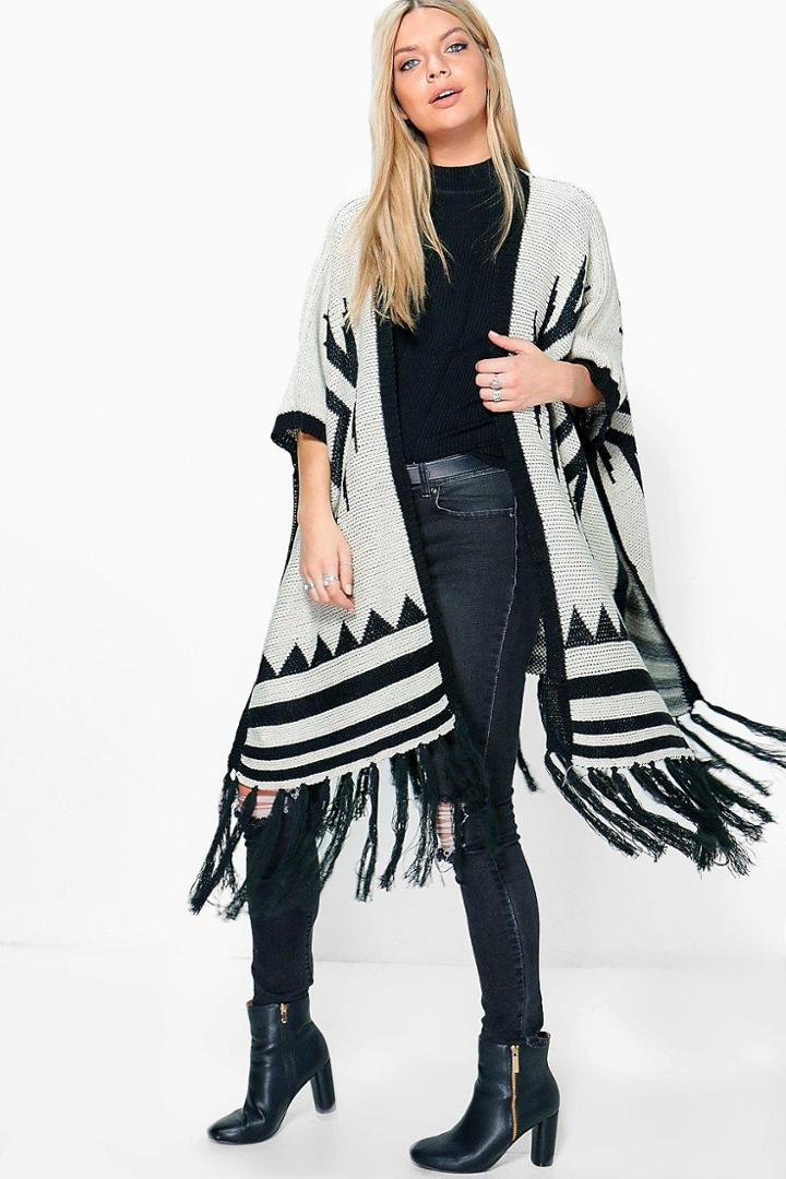 Boohoo Phoebe Aztec Cape With Fringe Hem Cream