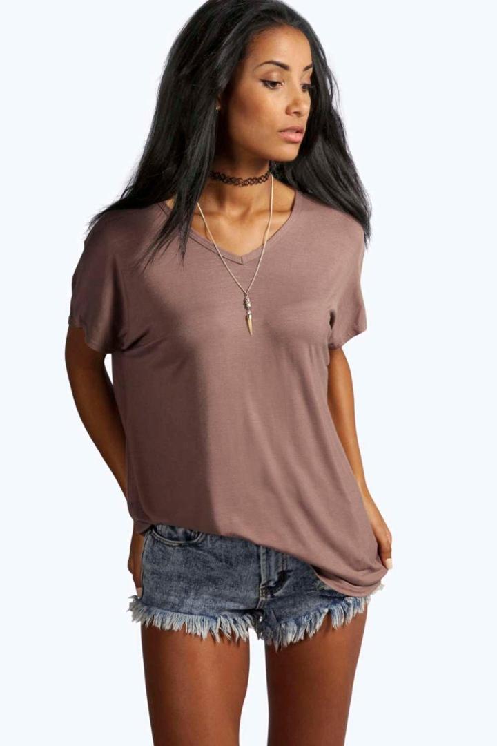 Boohoo Lily Basic Jersey V Neck Oversized Tee Mocha