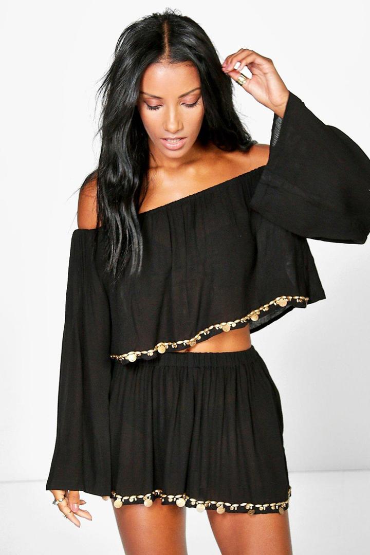 Boohoo Katie Coin Trim Beach Short Black