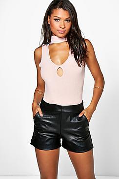Boohoo Lily High Waisted Leather Look Shorts