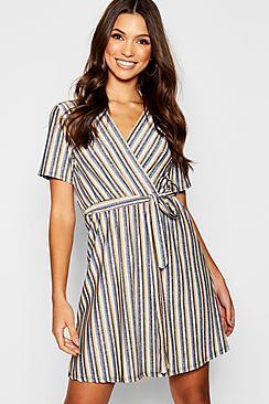 Boohoo Metallic Knitted Stripe Wrap Front Dress
