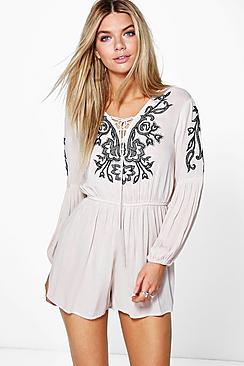 Boohoo Ria Embroidered Tassel Trim Playsuit