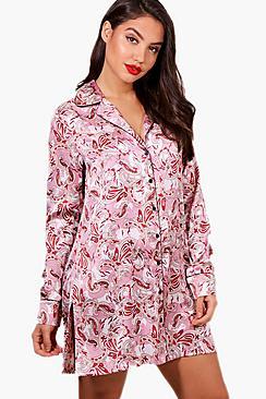 Boohoo Bella Paisley Print Satin Button Night Shirt