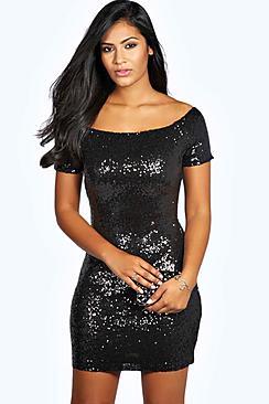 Boohoo Imogen Off The Shoulder Sequin Bodycon Mini Dress