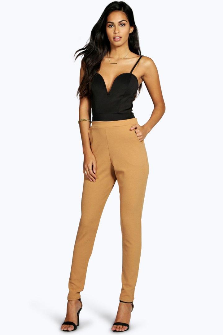 Boohoo Eva Crepe Super Stretch Skinny Trousers Camel