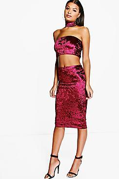 Boohoo Eva Velvet Bandeau & Skirt With Choker Co-ord