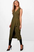 Boohoo Ren Sleeveless Tie Waist Duster Khaki