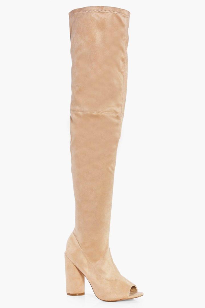 Boohoo Millie Round Heel Peeptoe Over The Knee Stone