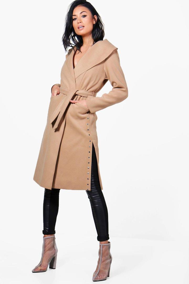 Boohoo Amber Studded Side Coat Camel