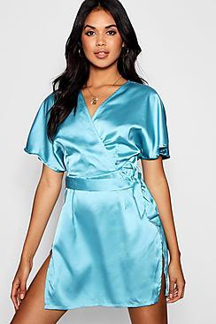 Boohoo Satin Wrap Detail Belted Dress