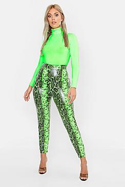 Boohoo Plus Lime Faux Leather Snake Print Slim Trouser