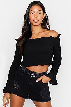 Boohoo Woven Shirred Off The Shoulder Crop