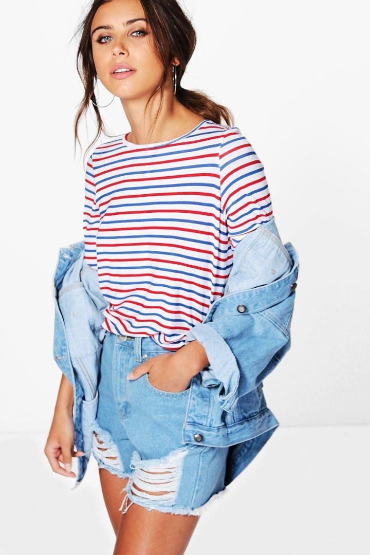 Boohoo Petite Kayla Long Sleeve Multi Stripe Top Multi