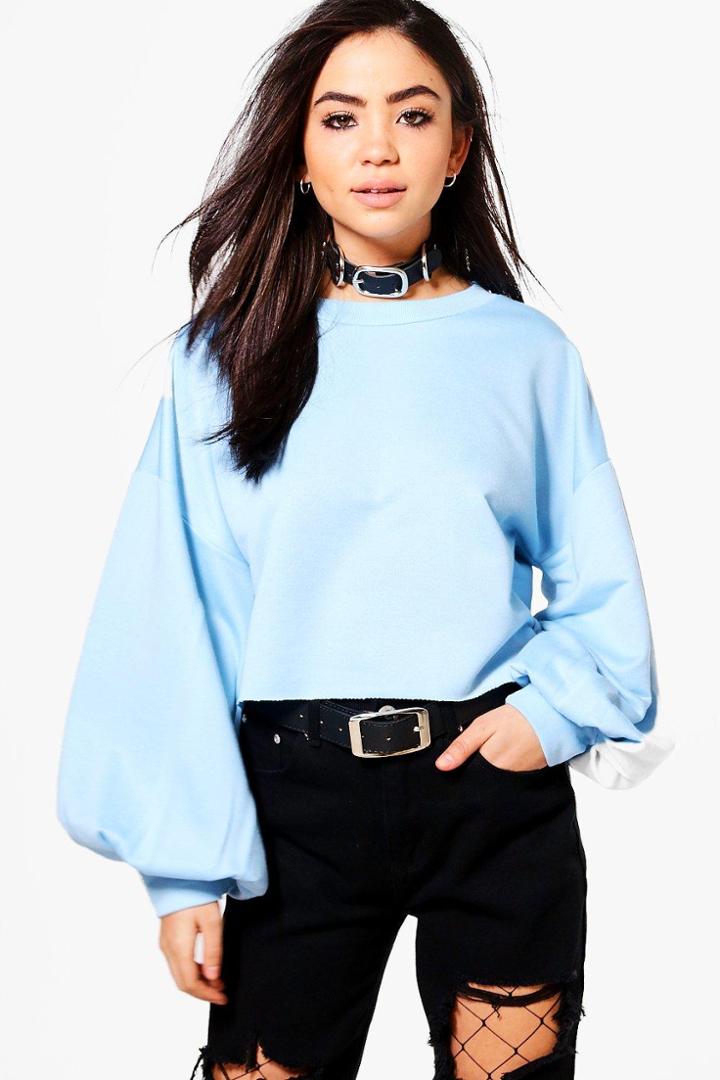 Boohoo Paige Balloon Sleeve Slash Hem Sweatshirt Blue