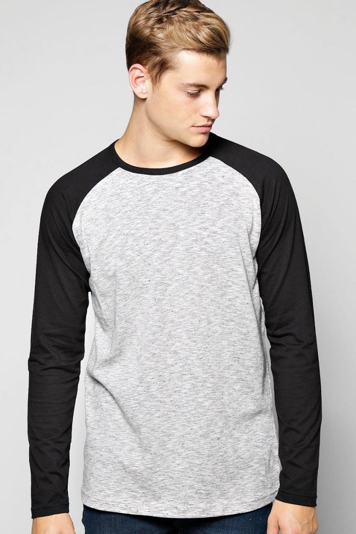 Boohoo Long Sleeve Space Dye Raglan T Shirt Black