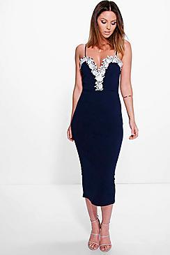 Boohoo Elsie Lace Plunge Detail Midi Dress