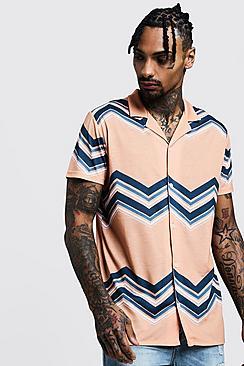 Boohoo Chevron Print Short Sleeve Revere Jersey Shirt