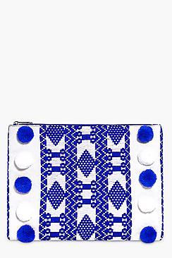 Boohoo Edie Pom Pom Aztec Clutch Bag