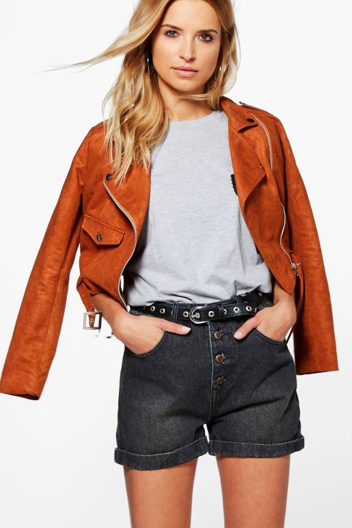 Boohoo Hetty High Rise Button-fly Mom Denim Shorts Charcoal