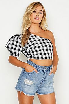 Boohoo Petite Gingham One Shoulder Crop Top