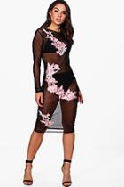 Boohoo Aoife Mesh Long Sleeve Applique Midi Dress