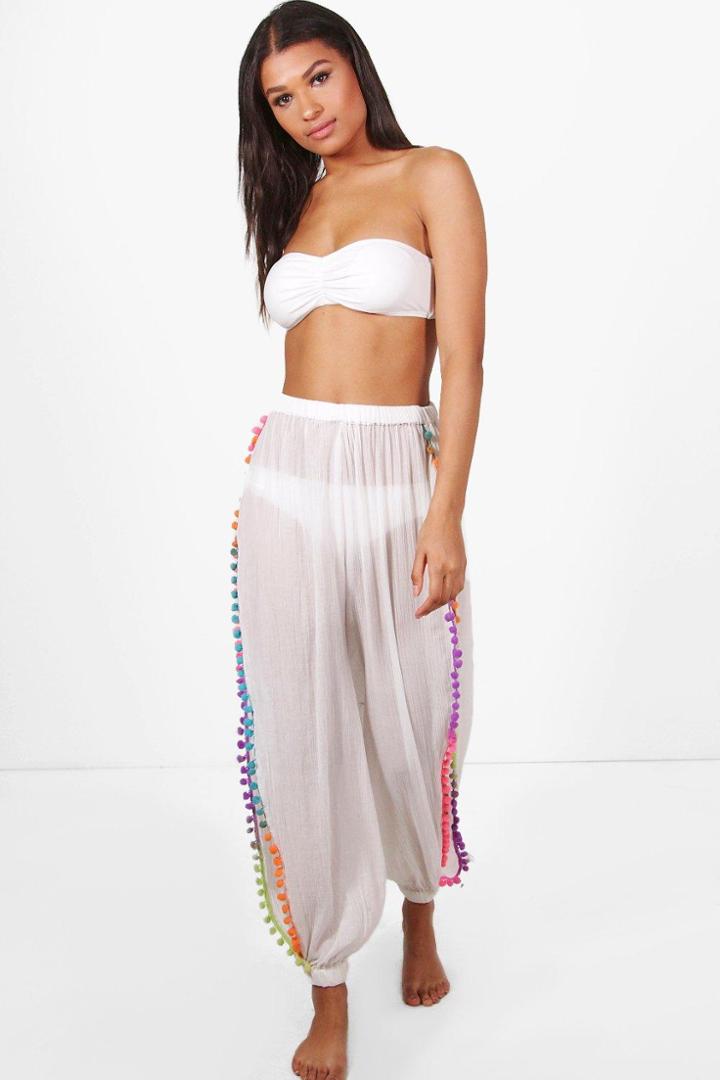 Boohoo Lilly Rainbow Pom Pom Split Beach Trouser White