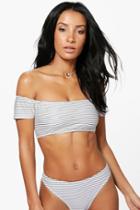 Boohoo Rome Pinstripe High Leg Bardot Bikini Cream