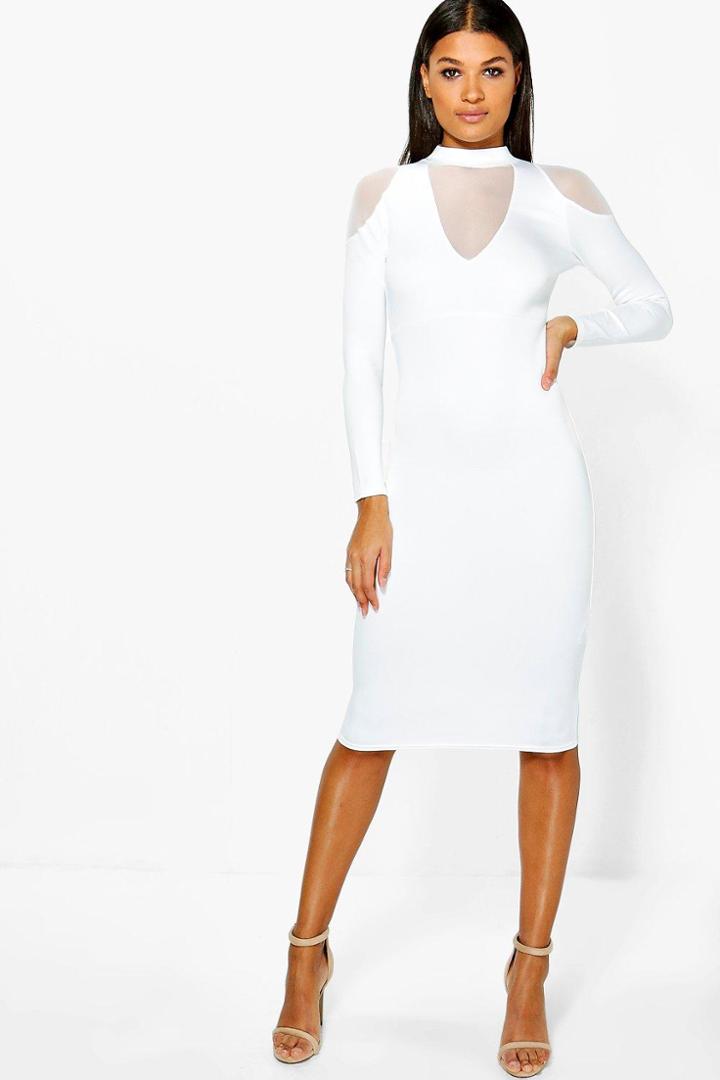 Boohoo Fi Mesh Cold Shoulder Detail Plunge Midi Dress Ivory