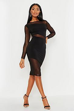 Boohoo Sheer Mesh Detail Bodycon Midi Dress