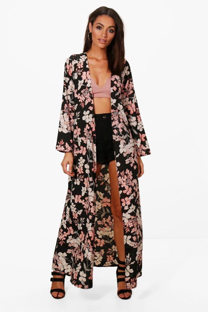 Boohoo Freya Floral Maxi Kimono Black