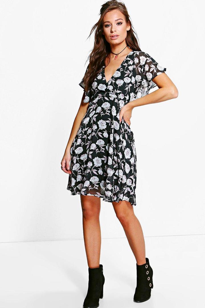 Boohoo Monique Floral Printed Tea Dress Black