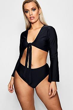 Boohoo Plus Jess Tie Front Long Sleeve High Waist Bikini