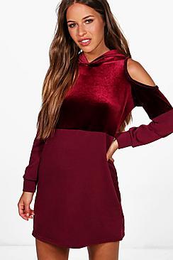 Boohoo Petite Nikki Open Shoulder Velvet Panel Sweat Dress