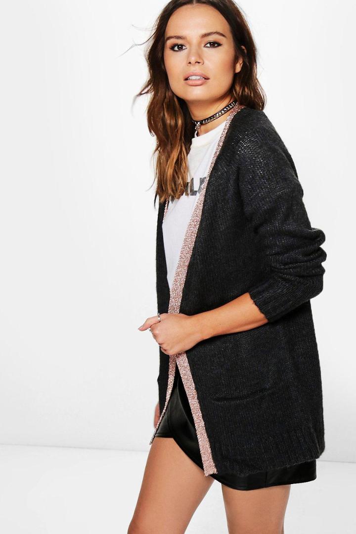 Boohoo Rebecca Open Front Cardigan With Metallic Placket Charcoal