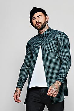 Boohoo Navy Check Long Sleeve Shirt In Longline