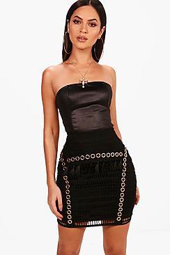 Boohoo Harper Woven Crochet Tassle Eyelet Mini Skirt