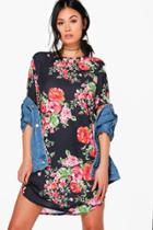 Boohoo Lizeth Floral Print Shift Dress Black