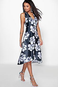 Boohoo Taylor Floral Sateen Halterneck Skater Dress