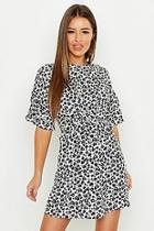 Boohoo Petite Mono Leopard Frill Sleeve Tie Shift Dress