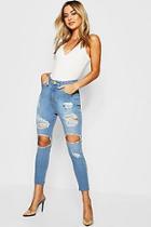 Boohoo Petite One Button Distressed High Rise Skinny Jean
