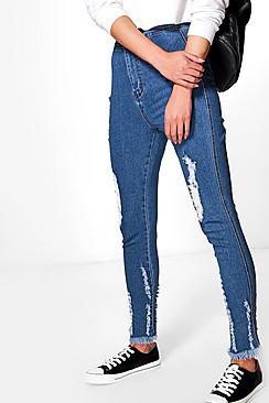 Boohoo Kellie High Rise Destroyed Hem Tube Jeans