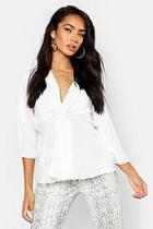 Boohoo Woven Knot Front Wrap Wide Sleeve Blouse