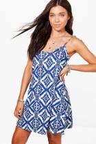 Boohoo Petite Alison Printed Swing Summer Dress Blue