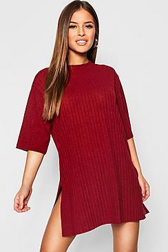 Boohoo Petite Rib Knitted Slouchy T-shirt Dress